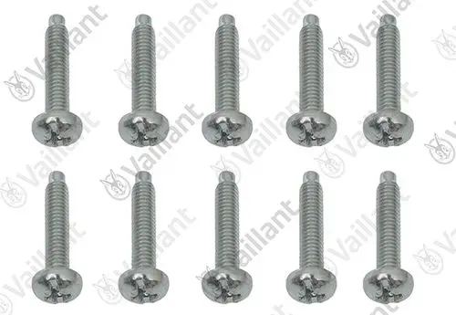 Zehn metallene Schrauben der Marke Vaillant mit kreuzförmigem Schlitzkopf und durchgehendem Gewinde.